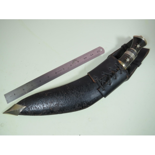 453 - Indian Made Kukri Knife with Leather Scabbard with metal tip complete with matching skinning knives.... 