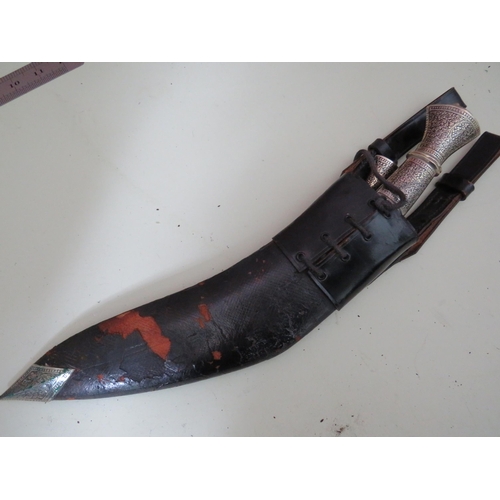 454 - Indian Made Kukri Knife with Leather Scabbard with metal tip complete with matching skinning knives.... 