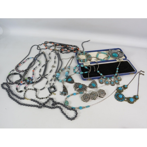 578 - Hematite necklaces and bracelets and Native american style faux turqouise costume jewellery