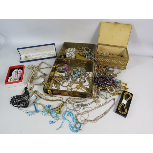 579 - 2 Jewellery with costume jewellery contents and a brass clothes brush.