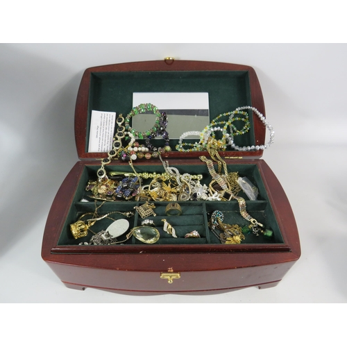 584 - Large wooden jewellery box and costume jewellery contents.