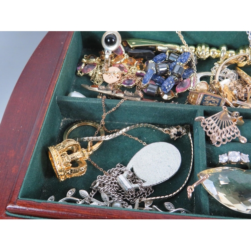 584 - Large wooden jewellery box and costume jewellery contents.