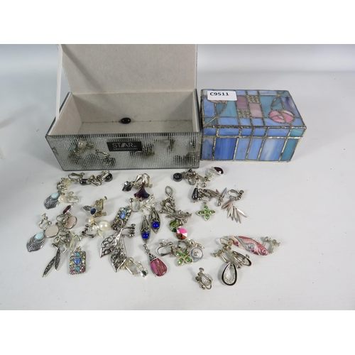 589 - Two jewellery boxes and a selection of clip on earrings including some which are 925 silver.