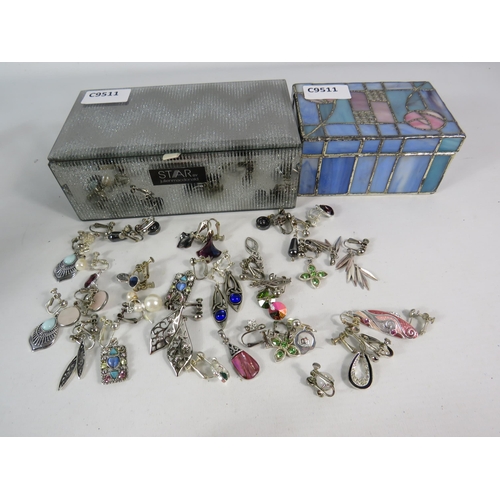 589 - Two jewellery boxes and a selection of clip on earrings including some which are 925 silver.