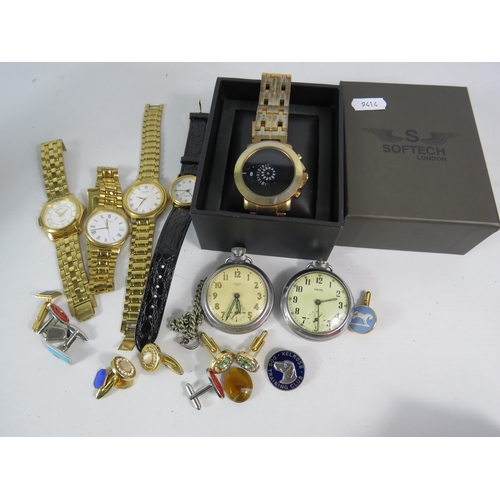 592 - Selection of mens quartz wristwatches, cufflinks, and 2 smiths pocket watches. Spares or repair.