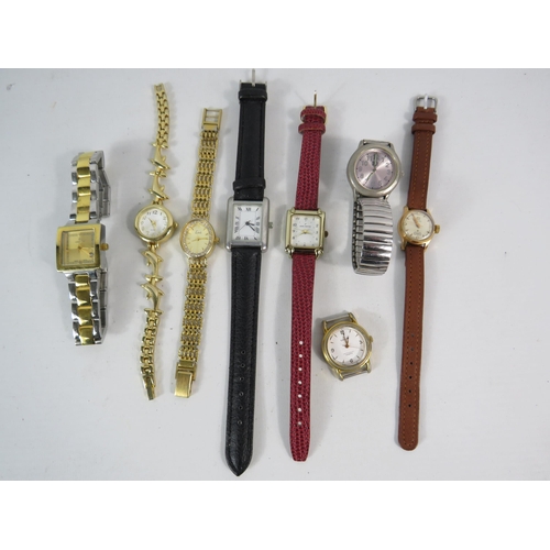 593 - Six quartz and one mechanical ladies wristwatches.