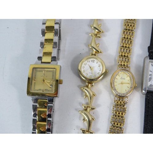 593 - Six quartz and one mechanical ladies wristwatches.