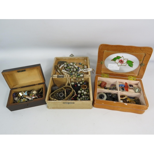 598 - 3 Jewellery boxes and costume jewellery contents.