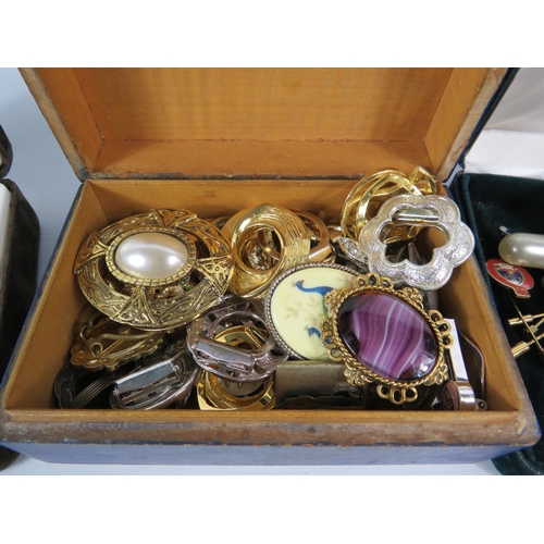 599 - 3 Jewellery boxes and contents, scarf clips, hat pins, stick pins and hair clips.