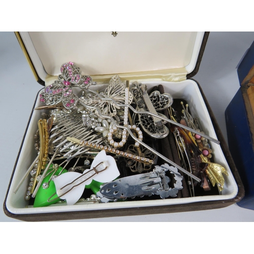 599 - 3 Jewellery boxes and contents, scarf clips, hat pins, stick pins and hair clips.