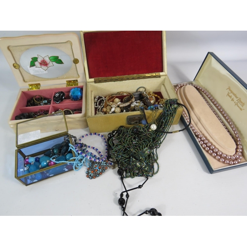 602 - 3 Jewellery boxes and costume jewellery contents.