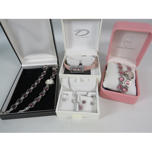 606 - Three ladies watch and bracelet/necklace gift sets in boxes.