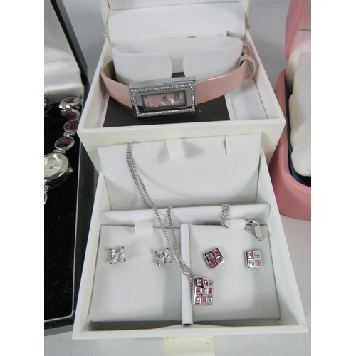 606 - Three ladies watch and bracelet/necklace gift sets in boxes.