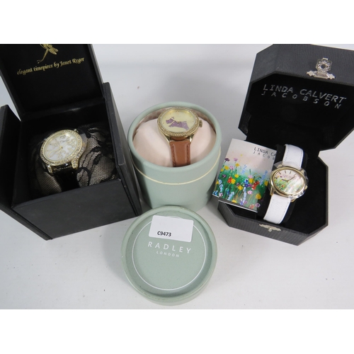 607 - Three ladies designer wristwatches all boxed and appear to be unsed including Radley.