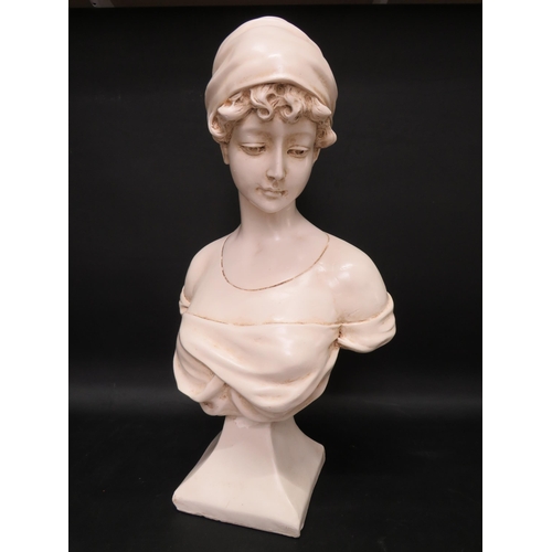 707 - Modern cast plaster bust of a young lady which bears the signature of Maquel, 21.5