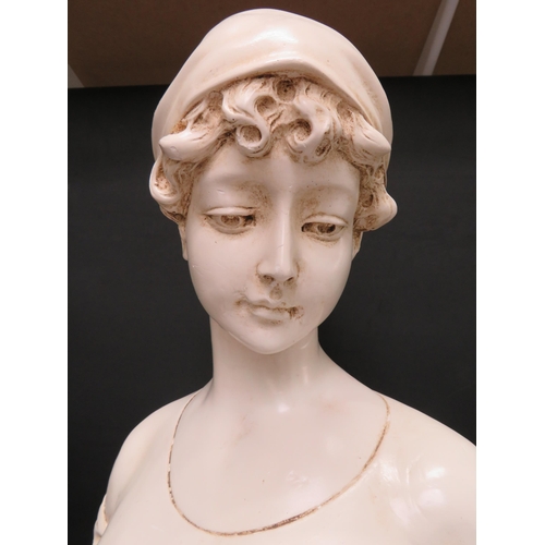 707 - Modern cast plaster bust of a young lady which bears the signature of Maquel, 21.5