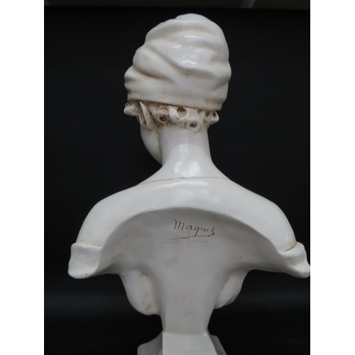 707 - Modern cast plaster bust of a young lady which bears the signature of Maquel, 21.5