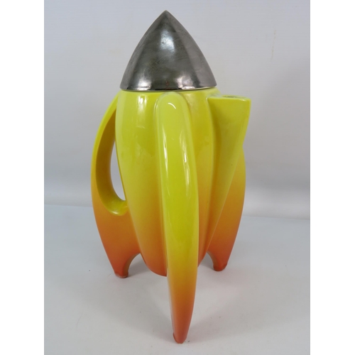 709 - Paul Cardew bright yellow and orange rocket ship teapot, possibly a second as unstamped (faults to t... 