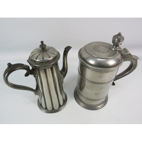 717 - Danish Pewter lidded tankard plus a James Dixon pewter coffee pot.