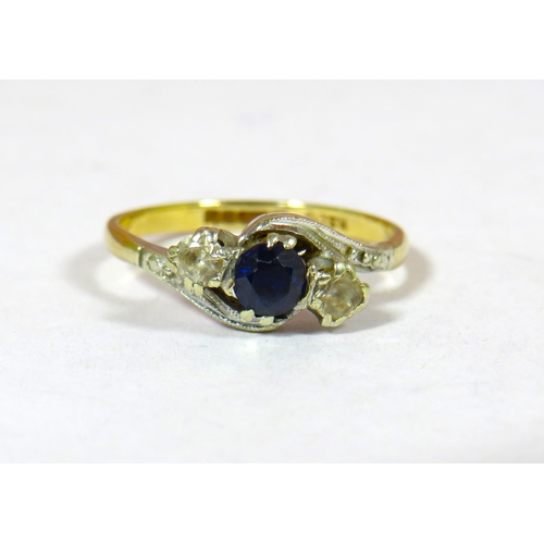 696 - 9ct Yellow Gold Ring set with Sapphire and Moissenite Ring.  Finger size 'P'  2.0g