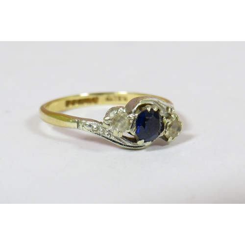 696 - 9ct Yellow Gold Ring set with Sapphire and Moissenite Ring.  Finger size 'P'  2.0g