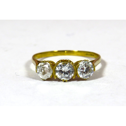 699 - 9ct Yellow Gold Ring set with Triple CZ stones. Finger size 'T-5'  2.2g