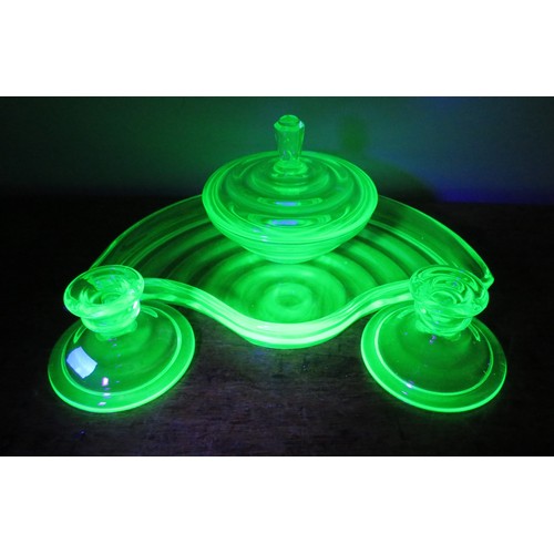 59 - Art deco uranium glass dessing table set (Tray measures 12.5