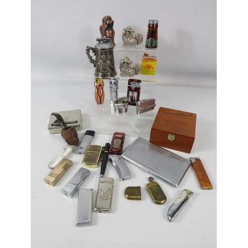 1191 - Selection of various novelty and vintage lighters, smoking pipe, cigarette case etc.