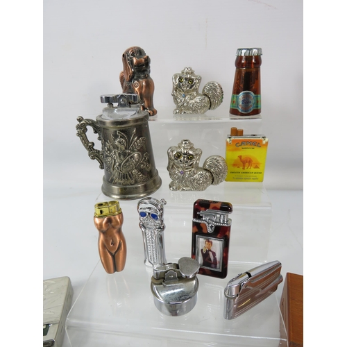 1191 - Selection of various novelty and vintage lighters, smoking pipe, cigarette case etc.