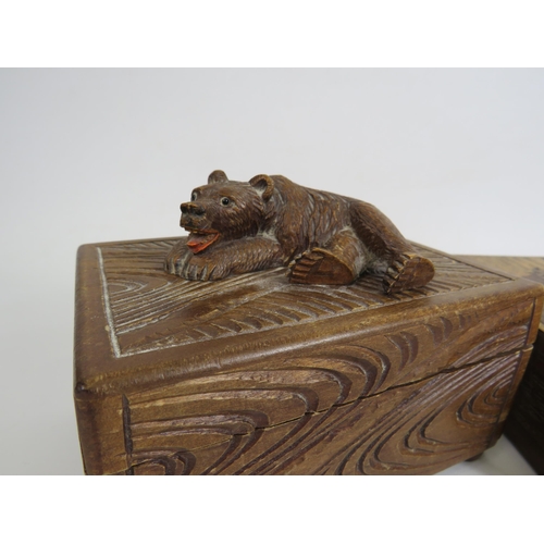 1375 - Vintage black forrest style trinket box with moving bear lock plus two vintage marquetry boxes.