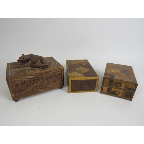 1375 - Vintage black forrest style trinket box with moving bear lock plus two vintage marquetry boxes.