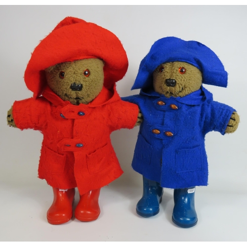 1378 - Two vintage teddy bears dressed in raincoats and wearing wellies, approx 18