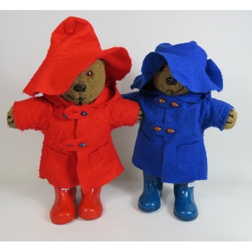 1378 - Two vintage teddy bears dressed in raincoats and wearing wellies, approx 18
