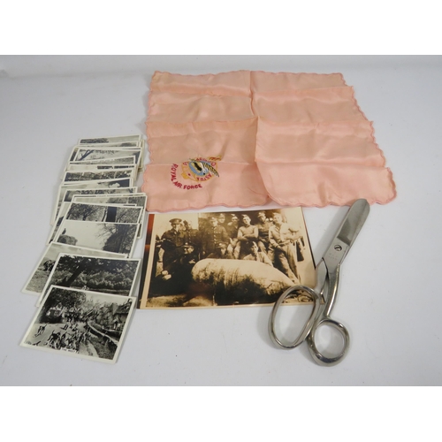 1379 - Pair of Military issue 1945 scissors, RAF sweetheart handkerchief, miltary photo and a selection of ... 