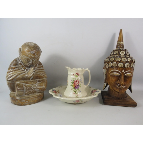 1320 - Wooden Buddha head and chinese monk plus a ceramic jug and bowl.