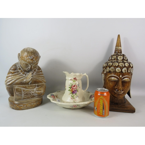 1320 - Wooden Buddha head and chinese monk plus a ceramic jug and bowl.