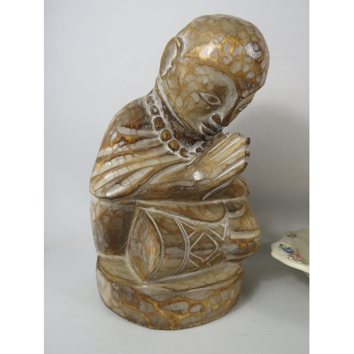 1320 - Wooden Buddha head and chinese monk plus a ceramic jug and bowl.