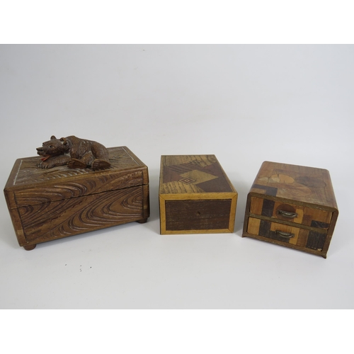 1375 - Vintage black forrest style trinket box with moving bear lock plus two vintage marquetry boxes.