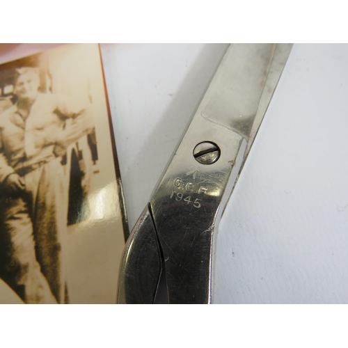 1379 - Pair of Military issue 1945 scissors, RAF sweetheart handkerchief, miltary photo and a selection of ... 