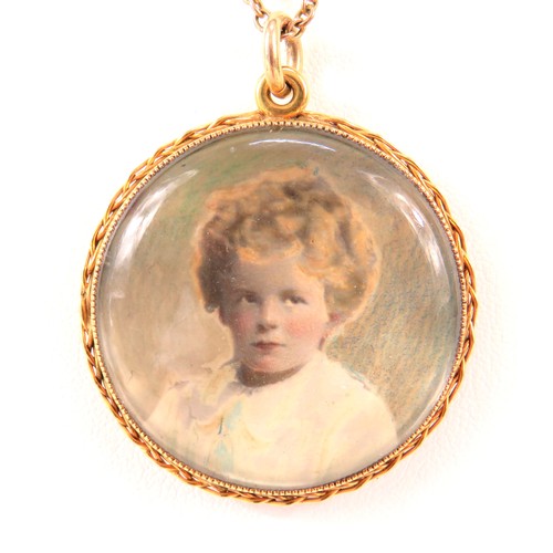 362A - Victorian 15ct Yellow Gold Mourning Locket with Hand tinted image to one side. Hung on a 16 inch 9ct... 