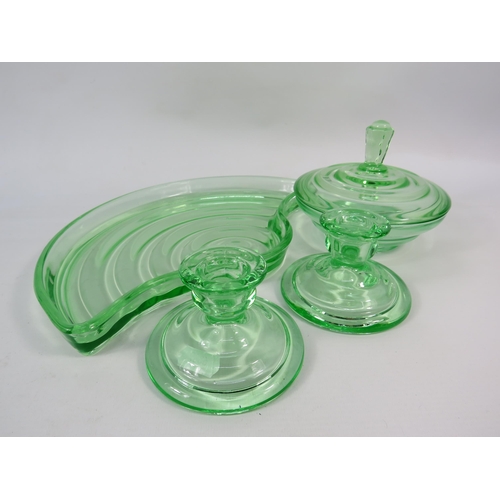 403 - Art deco uranium glass dessing table set (Tray measures 12.5