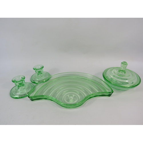 403 - Art deco uranium glass dessing table set (Tray measures 12.5