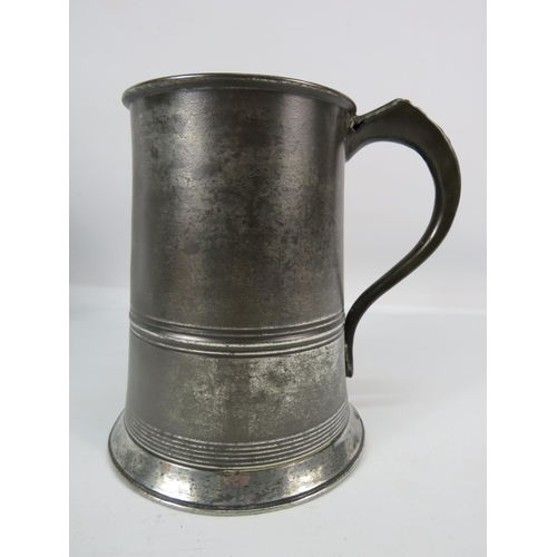 415 - 19th Century Tapering Quart English Pewter Tankard Banded with incised rings , stamped VR100 VR/WN. ... 