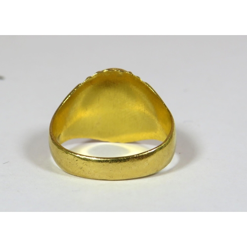 431 - Unmarked Asian Gold (Chem Tested 18ct) Obsidian set Signet Ring.  Finger size 'T'   12.8g