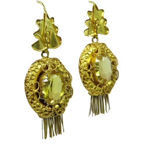 434 - Pair of 55mm Drop   18ct Asian Gold Earrings. Each set with a large Citrene which measures 14 x 10mm... 