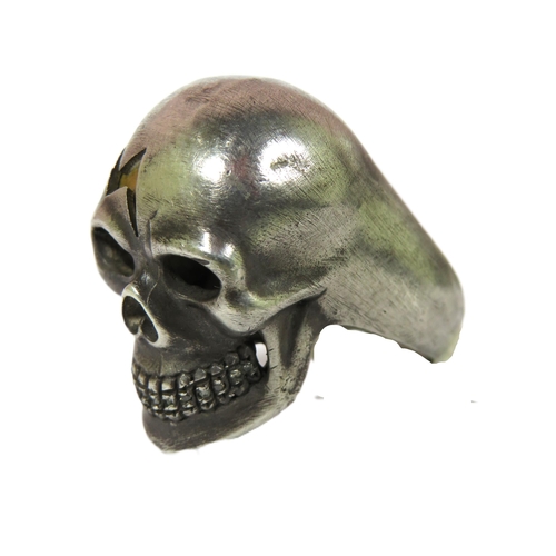 436 - New York Made, Oxidised Silver Skull ring set with Diamond Teeth plus a 24ct Yellow Gold Insert flas... 