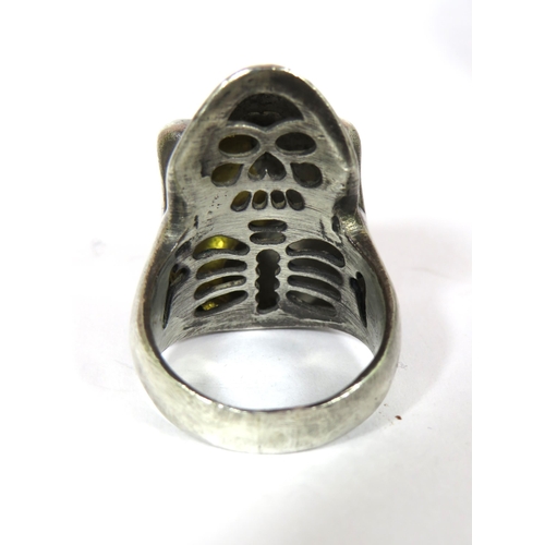 436 - New York Made, Oxidised Silver Skull ring set with Diamond Teeth plus a 24ct Yellow Gold Insert flas... 