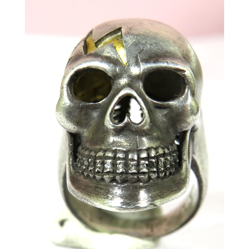 436 - New York Made, Oxidised Silver Skull ring set with Diamond Teeth plus a 24ct Yellow Gold Insert flas... 