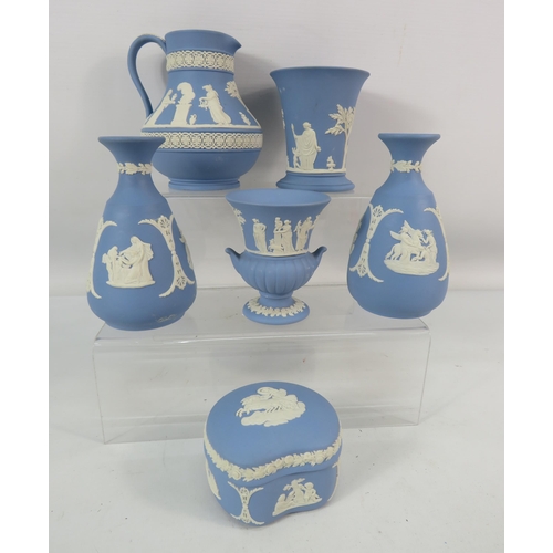 444 - Six pieces of Wedgwood light blue Jasperware.