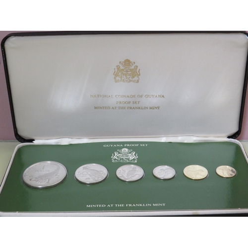 451 - Franklin Mint 1976, Six Coin Proof Set of Guyana coins in velvet and Silk lined box with COA